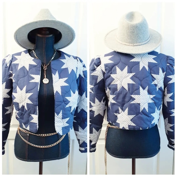 💎NWT Star Quilted Blue & White Crop Jacket - Picture 1 of 14